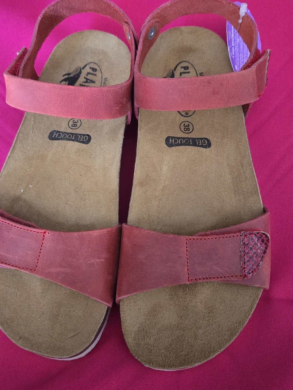 New Wide PLAKTON Comfortable Red Women’s Sandals with Gel Footbed Velcro Strap
